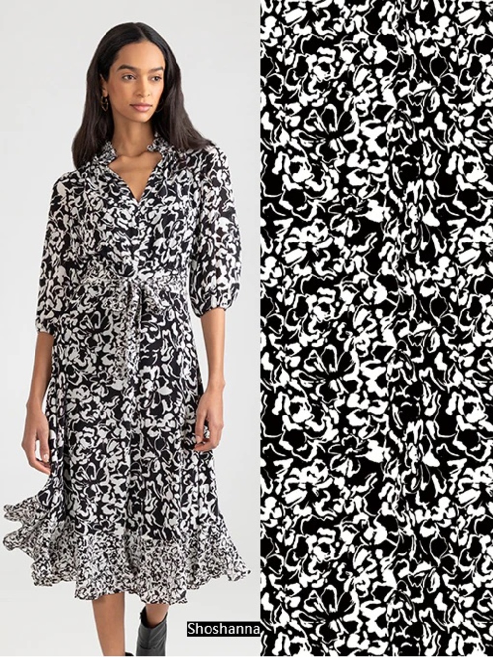 Shoshanna Medley Two Tone Floral Print Belted Midi Dress Black White Women’s 10
